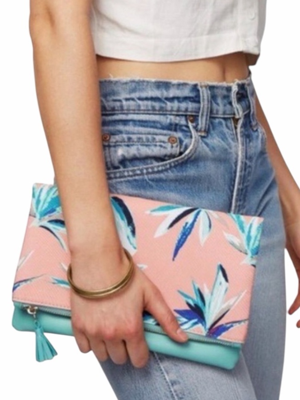 Rachel Pally Tropical Foldover Clutch Coral Mint Leaf Print Tassel